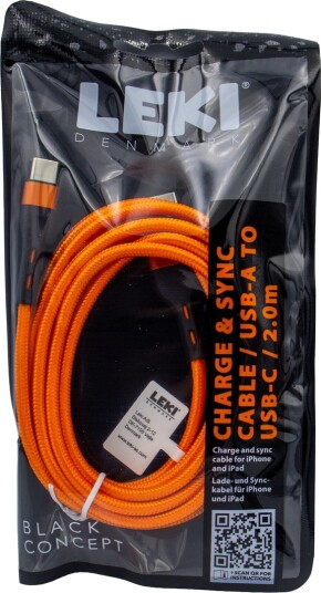 LEKI DENMARK BRAIDED ORANGE CABLE USB-A TO USB-C 2.0 M LEKI DENMARK BRAIDED ORANGE CABLE USB-A TO USB-C 2.0 M