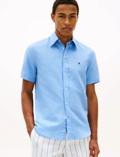 Tommy Hilfiger Linen Blend Solid Ss Rf Sht Blue L