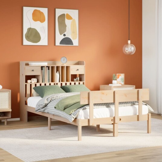 Seng med bokhylle uten madrass 120x190 cm heltre furu 8721158606099