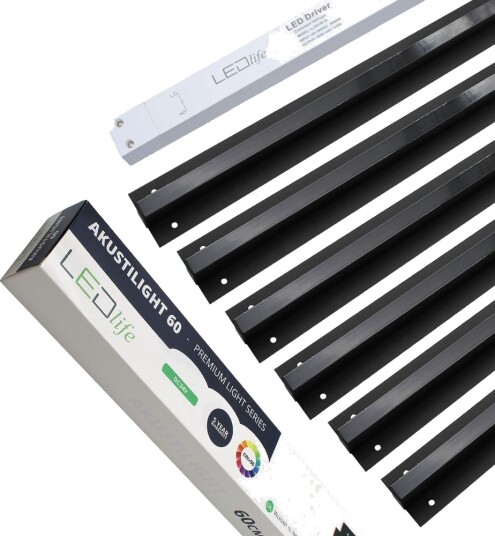 Sort Troldtekt LED Skinnesett 6x60 cm Planforsenket Akustilight inkl. ledninger og driver Kulør : Varm Sort Troldtekt LED Skinnesett 6x60 cm Planforsenket Akustilight inkl. ledninger og driver Kulør : Varm