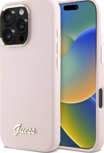 Guess iPhone 16 Pro Mobildeksel med Silikonskrift og Metallogo - Rosa Guess iPhone 16 Pro Mobildeksel med Silikonskrift og Metallogo - Rosa