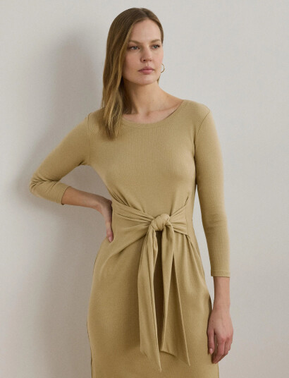 Lauren Ralph Lauren Tie-Front Cotton-Blend Crewneck Dress - Beige - M