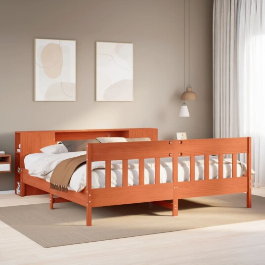  Seng med bokhylle uten madrass voksbrun 200x200 cm heltre furu 8721158619594