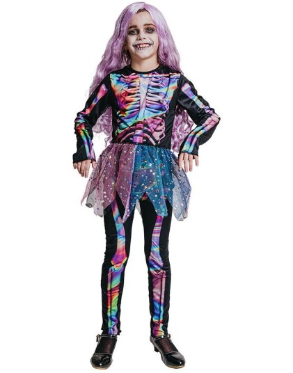 Shimmer Skeleton Skjelettdrakt med Glitrende Skjørt og Fargerikt Motiv til Barn 9 11 ÅR