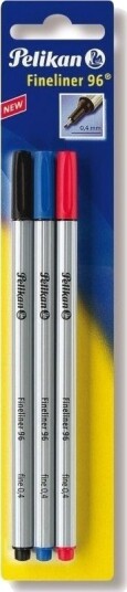Pelikan Fineliner 96, Sort, Blå, Rød, Fint, 0,4 Mm, Tyskland, Blister, 3 Stykker