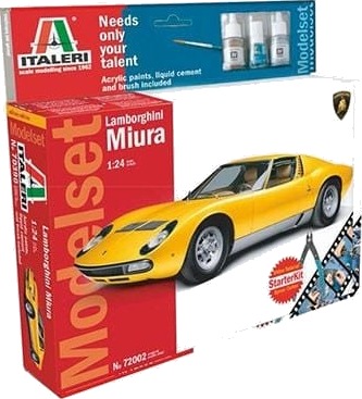 ITALERI Lamborghini Miura Startsett 1:24 Modellbygging med Lim og Farger ITALERI Lamborghini Miura Startsett 1:24 Modellbygging med Lim og Farger