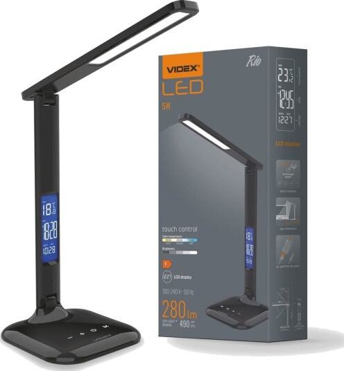 5W LED dimbar skrivebordslampe   Svart 3 trinns CCT display med klokke/temp touch styring   Dimbar : 5 trinns Kulør : Nøytral