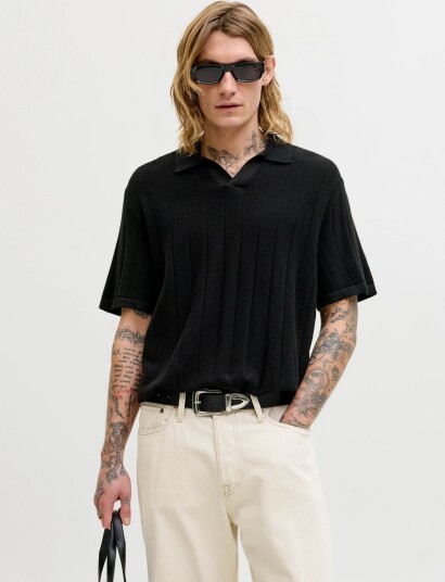 Jack & Jones Jjebradley Knit Split Neck Ss Sn Black S Jack & Jones Jjebradley Knit Split Neck Ss Sn Black S