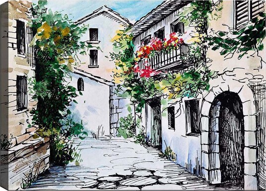 Lerretsbilde 70x100 cm Pittoresk smug med sjarmerende hus og blomstrende balkonger Grønn / Beige / Rød