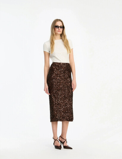 ROTATE Birger Christensen Sequin Pencil Skirt   Brown   36