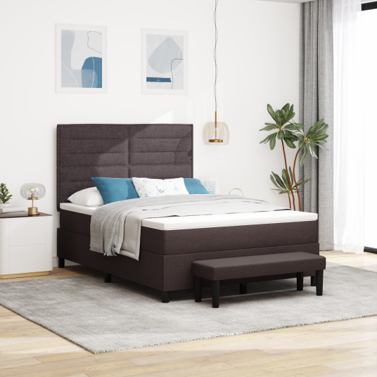 Box Spring Seng med Madrass & Benk Mørk Brun 140x190 cm Stoff