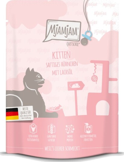 Mjamjam Quetschie Kitten Våtfôr Kylling med Lakseolje 24x300g