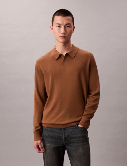 Calvin Klein Ls 100% Merino Polo 14Gg - Brown - M Calvin Klein Ls 100% Merino Polo 14Gg - Brown - M