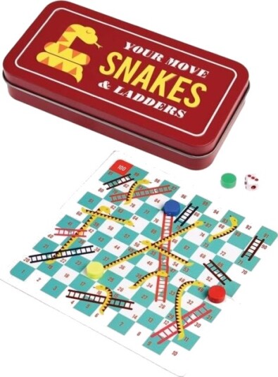 Travel snakes and ladders game in a tin