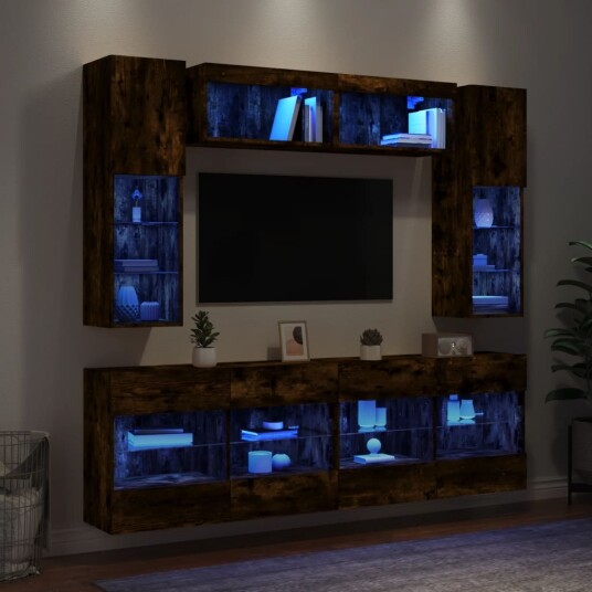 Vegghengte TV benker med LED 6 stk røkt eik Vegghengte TV benker med LED 6 stk røkt eik