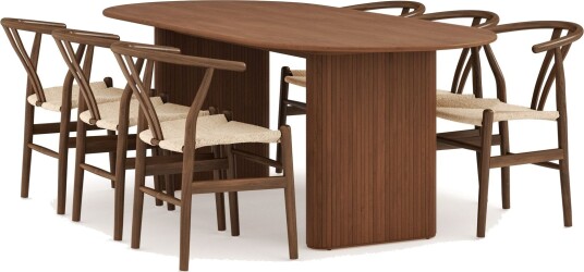 Noira Oval Spisegruppe 220 cm Valnøtt med 6 Dastoori Spisestoler - Ribbet / Natur / Mørkebrun / Brunt Tre