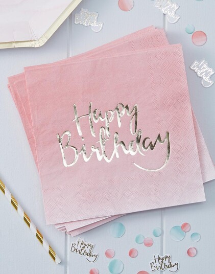 Ginger Ray 20 stk Happy Birthday Servietter med Foliert Tekst 33x33 cm Plukk og Miks PM 908