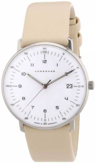 Junghans Dameklokke 47/4252.02 Max Bill Hvit/Lær Ø32.7 mm