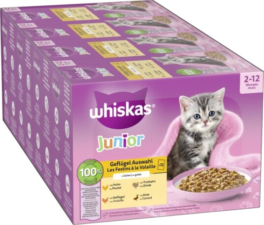 Whiskas våtfôr Megapakke Junior porsjonsposer Fjærkreutvalg i gelè 48 x 85 g 48x85 g Whiskas våtfôr Megapakke Junior porsjonsposer Fjærkreutvalg i gelè 48 x 85 g 48x85 g