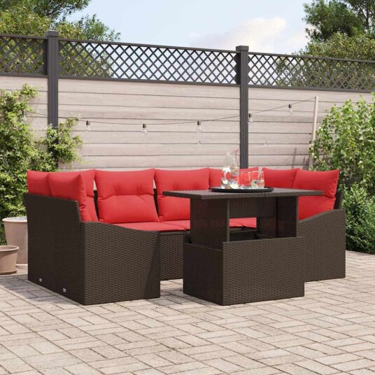 vidaXL Hagesofa Set 7 stk. Brun og rød Poly rattan