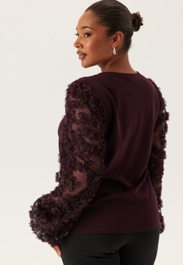 Bubbleroom 3D Floral Sleeve V-Neck Top Burgundy 44-46