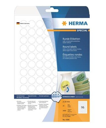 HERMA Removable labels A4 Ø 20 mm white Movables® technology HERMA Removable labels A4 Ø 20 mm white Movables® technology