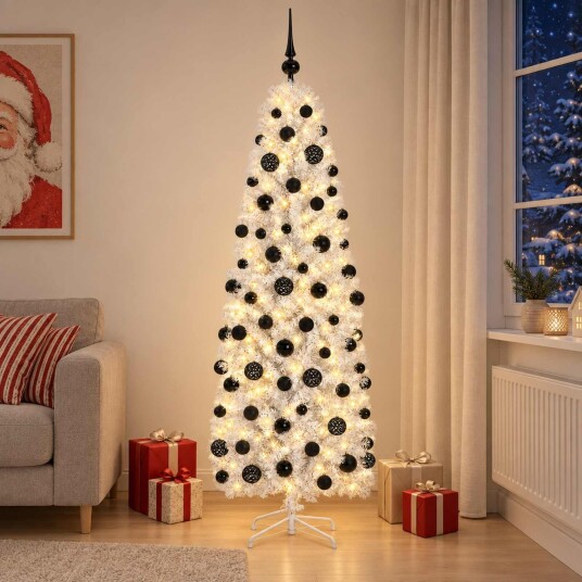 vidaXL Kunstig smalt juletre med julekuler 180 cm 300 LED-lys Varmhvit