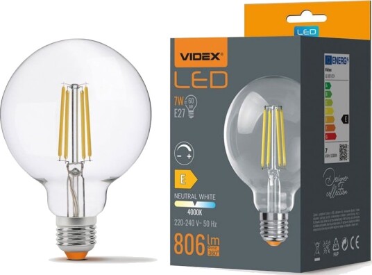 Videx E27 7W dimbar LED pære G95 806lm 4000K 360 grader filament glass Dimbar : Dimbar Kulør : Nøytral