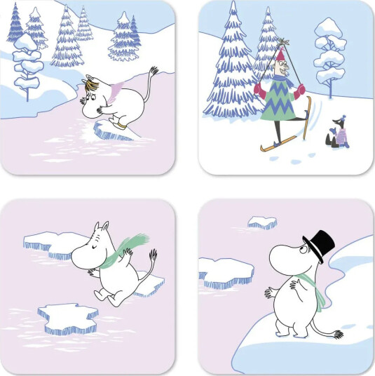 Opto Design Mummitrollet glassunderlag vinter 2022 9 x 9 cm 4 pakning Blå hvit rosa