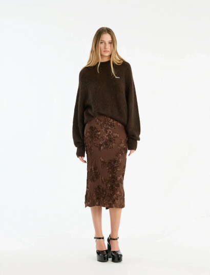 ROTATE Birger Christensen Flower Mesh Pencil Skirt - Brown - 38