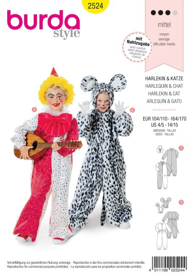 Burda 2524 - Harlekin og katt EUR: 104-170, US: 4-15