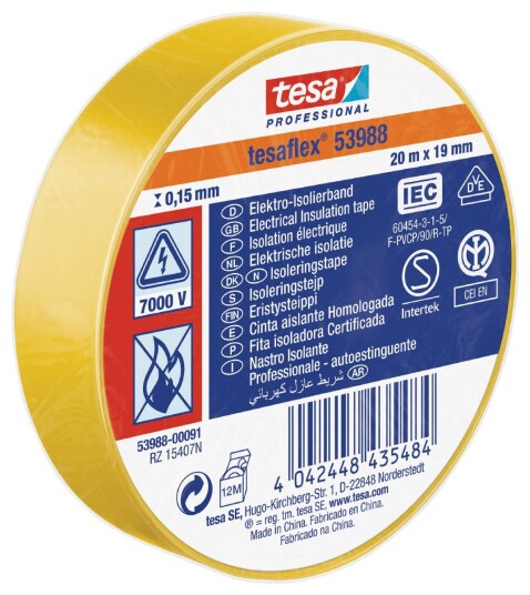 Tesa 53988 Isoleringsbånd PVC Gul 20 m x 19 mm