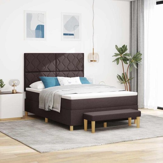  Box Spring Seng med Madrass & Benk Mørkebrun 140x190 cm Stoff