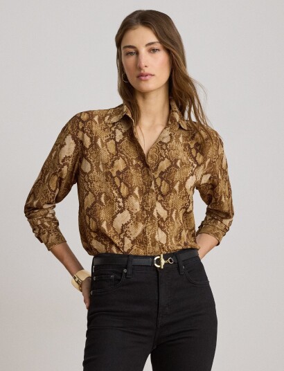 Lauren Ralph Lauren Relaxed Fit Python Print Georgette Shirt Brown L