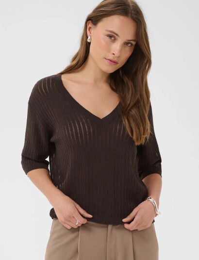 Kaffe Kaabalina V Neck Pullover   Brown   XL