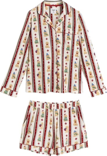 Chelsea Peers Christmas Dog Stripe Short Pyjama Set   OFF WHITE   S