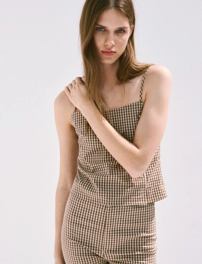Mango Gingham Check Button Top Brown XL