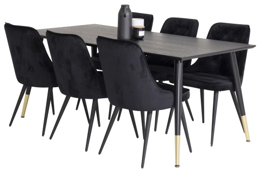 Venture Home Dipp Spisegruppe 180 cm Rektangulær med 6 Velvet Stoler Sort/Guld