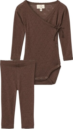 Copenhagen Colors 2 Pack Lt. Knitted Pointelle Cross Over Body W. Picot Edge + Pointelle Leggings W Picot Edge   DK BROWN   80