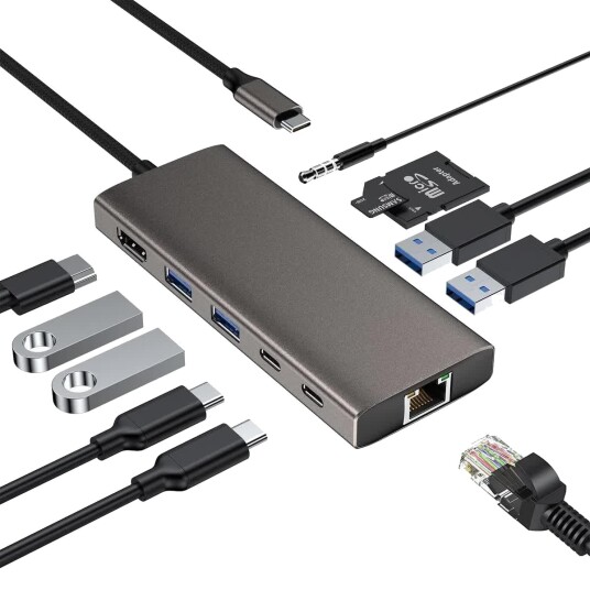Nørdic 11-i-1 Dokkingstasjon HDMI 4K 60Hz 5x USB 3.0 RJ45