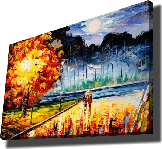Lerretsbilde 70x100 cm Romantisk spasertur under en månelys himmel med fargerike høsttrær Oransje / Blå / Rød