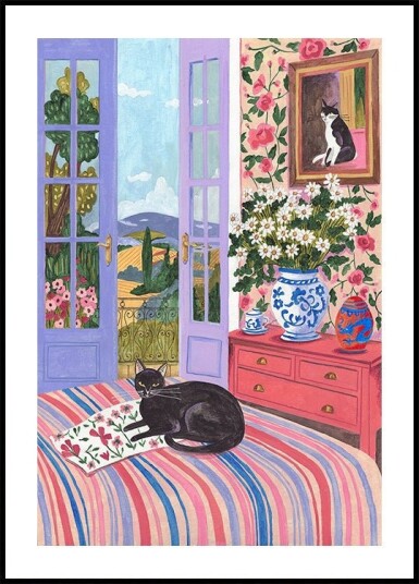 Black Cat on Bed French Doors Garden View Plakat Plakat / 40x50cm