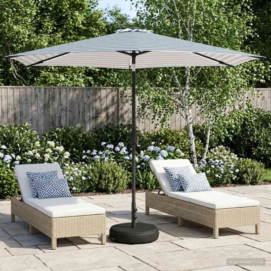 vidaXL Hageparasol med LED-lamper og fot 3 x 3 m Polyester Blå og hvit