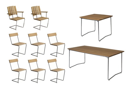 Grythyttan Stålmöbler B31 spisegruppe Oljert eik/galvanisert stål 2 lenestoler, 6 stoler, bord 84 x 92 cm & bord 170 x 92 cm