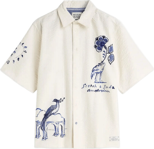 Scotch & Soda Delfts Blauw Worked Out Relaxed Fit Short Sleeved Shirt Cream S