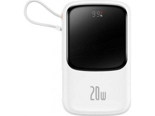 Baseus Qpow Digital Display 10000mAh Powerbank med Hurtiglading og Innebygd Lightning-Kabel Hvit Baseus Qpow Digital Display 10000mAh Powerbank med Hurtiglading og Innebygd Lightning-Kabel Hvit