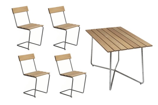 Grythyttan Stålmöbler B25 spisegruppe Oljert eik/galvanisert stål 4 stoler & bord 120 x 70 cm