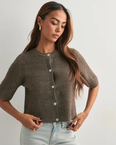 Pieces   Brun   Pcsilly Ss O Neck Knit Cardigan Noo