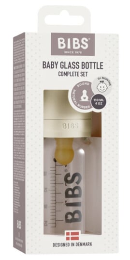 BIBS 110 ml Tåteflaske i Glass med Latex og Anti-kolikk Funksjon - Ivory BIBS 110 ml Tåteflaske i Glass med Latex og Anti-kolikk Funksjon - Ivory