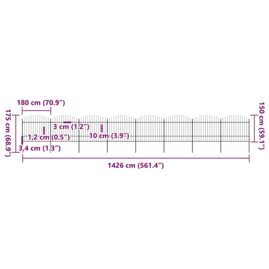 Hagegjerde med spydtopp stål (1,5-1,75)x13,6 m svart